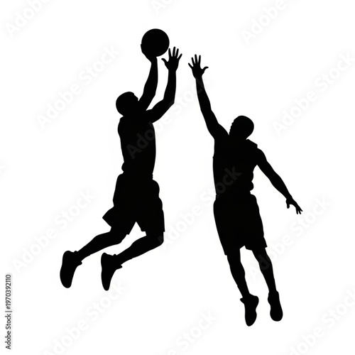 Silhouette of basketball players in action, one player shooting and another defending, isolated on white background