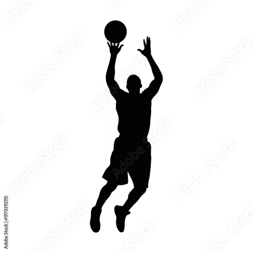 Silhouette of a basketball player jumping to shoot a ball, isolated on white background