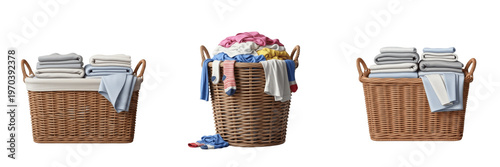 Foto Set of Wicker Laundry Baskets with Folded and Dirty Clothes Isolated on Transpar