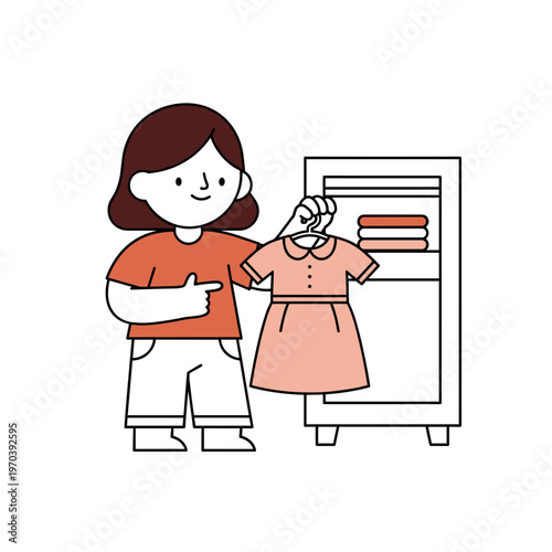 A flat line illustration of a smiling woman holding up a peach-colored dress on a hanger in front of an open wardrobe. Great for fashion blogs, home organizing tips, and retail content.