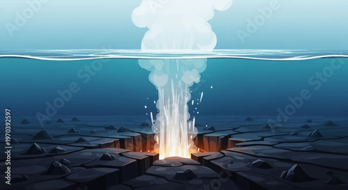 Underwater volcanic eruption with smoke rising.