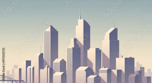 A minimalist and stylized illustration of a modern cityscape with numerous tall skyscrapers under a soft, muted sky.