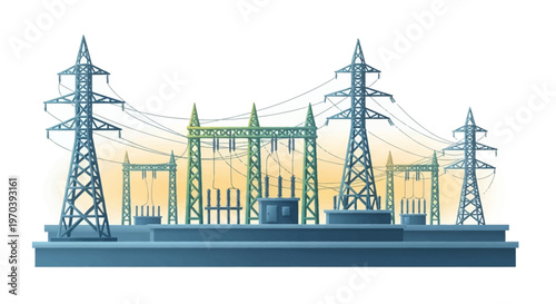 Electric power transmission towers and substation.