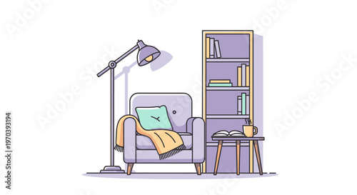A cozy reading nook illustration with an armchair, floor lamp, bookshelf, and side table.