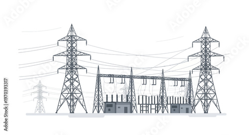 Detailed illustration of an electrical substation with high-voltage power lines and transmission towers against a white background, depicting energy infrastructure.