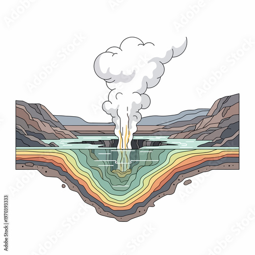 Cross-section illustration of a geyser erupting from a lake, showing steam, water, and underground geological layers.