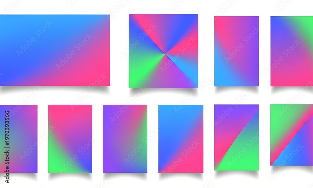 Fototapeta premium Set of Vibrant Abstract Gradient Backgrounds for Creative Design Projects with Colorful Neon and Holographic Textures in Various Orientations