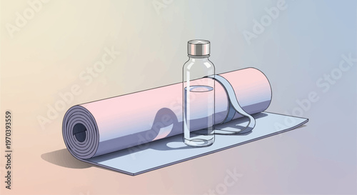 A rolled-up pink yoga mat with a light blue strap and a clear glass water bottle on a serene gradient background, ready for a workout or meditation session.