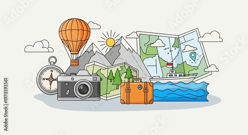An illustration depicting various travel and adventure elements including a hot air balloon, mountains, a vintage camera, a compass, a map, a suitcase, and a ship on the ocean.