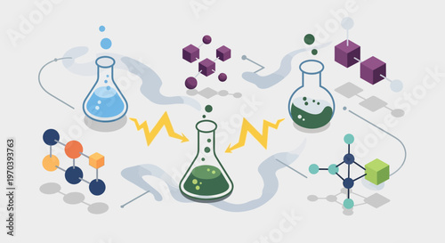 Colorful illustration of chemistry lab equipment and molecular structures.
