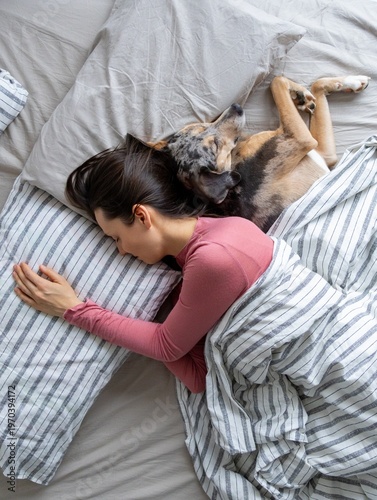 top view of sleeping woman and dog in bed. girl and pet sleep comfortably together and cuddle. happy owner wakes up next to his dog. rest in bathroom after hard day. dog training, insomnia treatment.