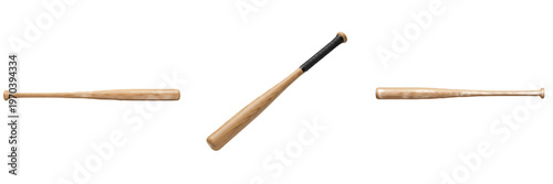 Photography Set of Professional Wooden Baseball Bats with Grip Isolated on White Background,