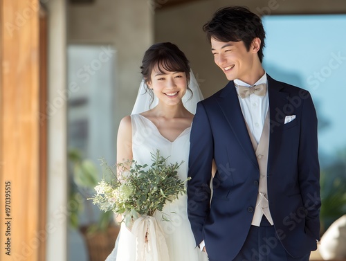Plakat タキシード姿のビジネスマンの新郎とウェディングドレスを着た笑顔の新婦が寄り添う結婚式