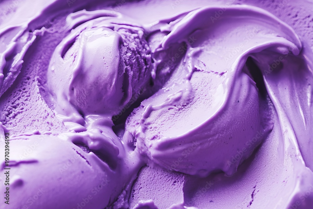 Obraz premium Violet ice cream close up in a dessert shop bowl during a sunny afternoon in the summer