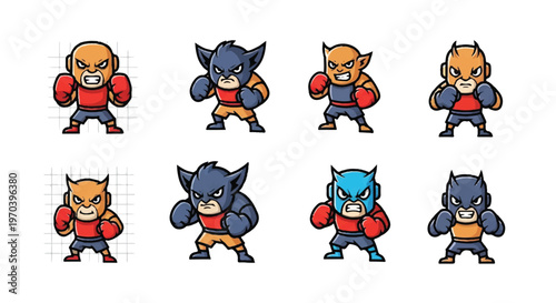 Cartoon characters with boxing gloves in various poses and colors
