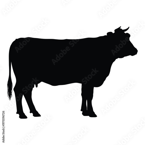 A black silhouette of a cow standing in profile against a white background