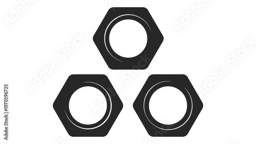 Three black hexagonal nuts are arranged on a white background