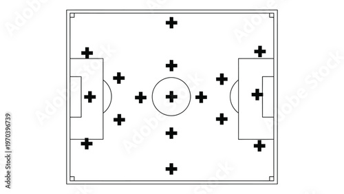 A simplified overhead view of a soccer field with player positions marked