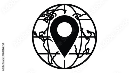 A black and white illustration of a globe with a location pin marker