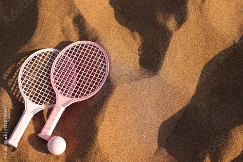 Pink beach rackets and ball resting on the sand near the ocean waves