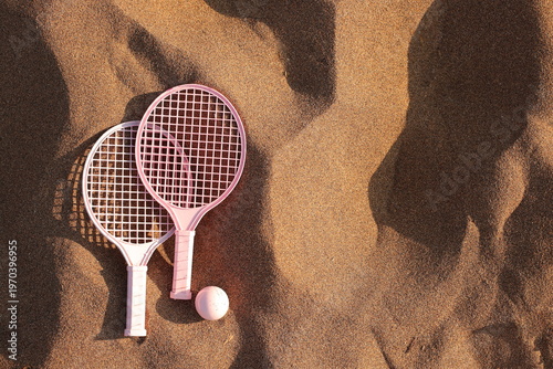 Pink beach rackets and ball resting on the sand near the ocean waves