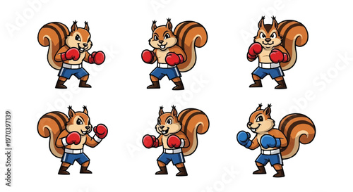 Cartoon squirrel boxer poses set isolated on white background