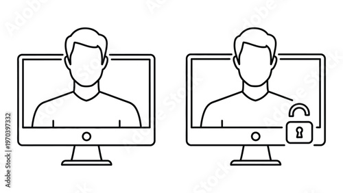 Two computer monitors displaying faces one with a lock icon indicating secure video call