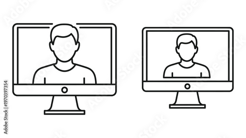 Two computer monitors display head and shoulder portraits of people depicting a virtual meeting