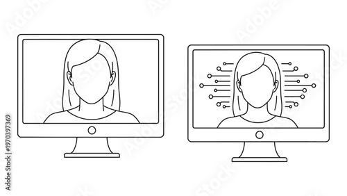 Two computer monitors display line art portraits of a woman one with data connections