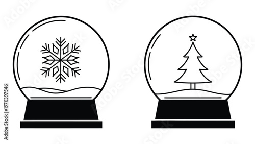 Two black and white snow globes one with a snowflake and one with a christmas tree