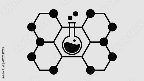 Minimalist chemical molecule vector icon, scientific laboratory flask inside hexagonal structure, black molecular grid on grey background
