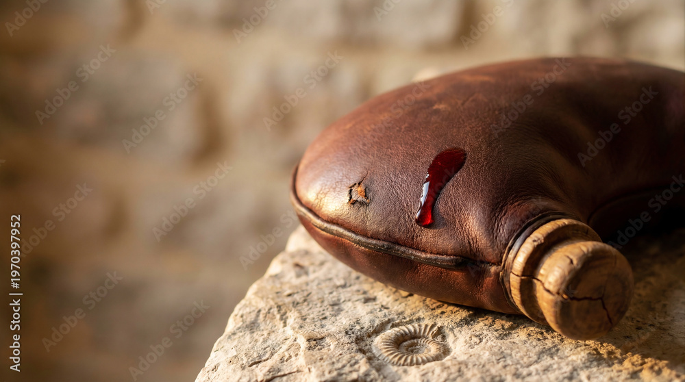 Fototapeta premium Macro leather wineskin with wooden stopper and wine droplet, warm side‑light