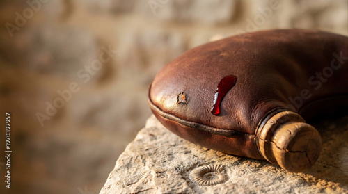 Macro leather wineskin with wooden stopper and wine droplet, warm side‑light