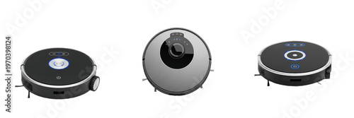 Set of modern robotic vacuum cleaners with smart sensors and sleek black design isolated on transparent background