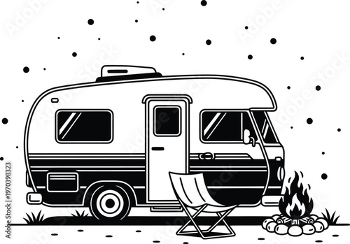 Retro RV Camping Vector Illustration with Campfire and Stars
