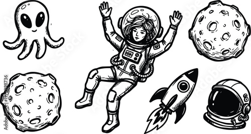Black and white astronaut floating among asteroids with rocket and alien octopus vector art