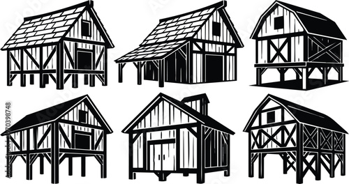Black and white line art timber frame barns on stilts six gable roof variations