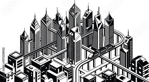 Black and white isometric city skyline with elevated train on curved viaduct vector art