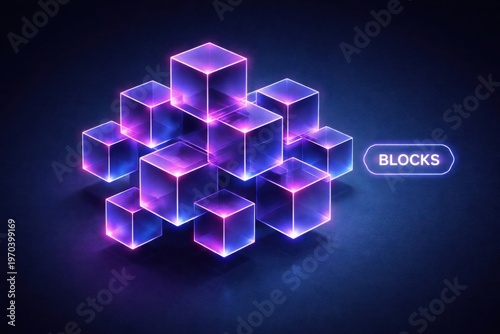 Glowing Transparent Cubes Network Representing Modular Digital Blocks and Scalable Technology Architecture