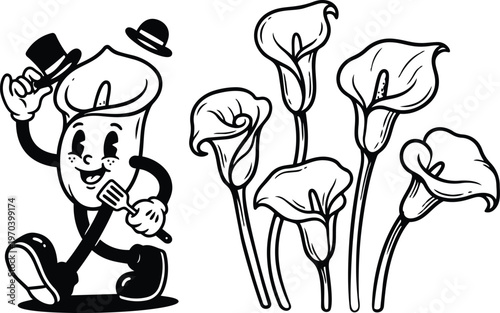 Dancing calla lily mascot tipping bowler hat and holding spatula beside five calla stems black and white vector art