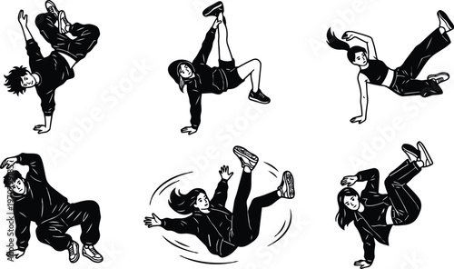 Black and white line art breakdancers performing handstand and spins in dynamic poses