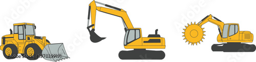 Construction vehicle set collection, yellow excavator loader and heavy machinery equipment illustration vector for industrial transport, building service design elements