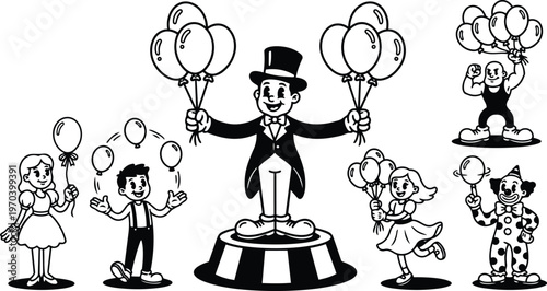 Black and white ringmaster holding balloons on pedestal with clown strongman and children