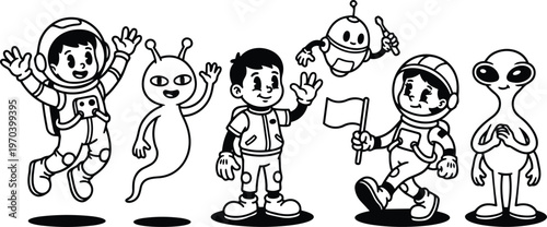 Cartoon astronauts and friendly aliens waving with flag vector art in black and white line art