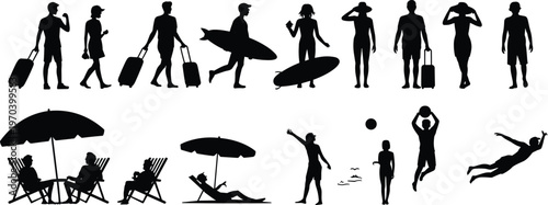 Black beach silhouettes set with people traveling with luggage, surfing, sunbathing under umbrellas, swimming, and playing sports on white background