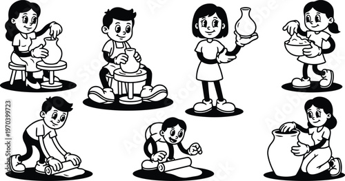Black and white kids making pottery vases on wheel and rolling clay cartoon vector art