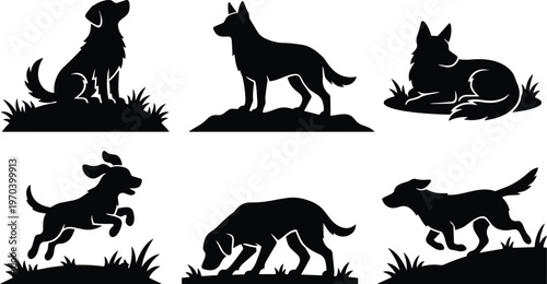 Dog silhouettes in six poses black and white vector art
