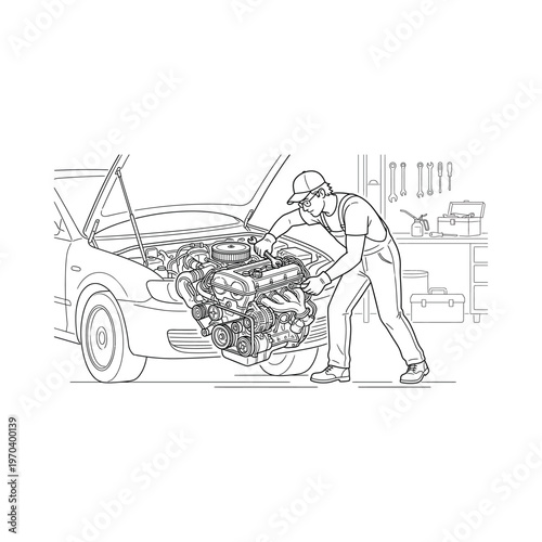 Mechanic inspecting car engine closely.