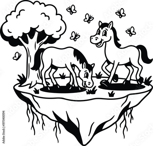 Line art happy horse and grazing foal on floating island with tree and butterflies