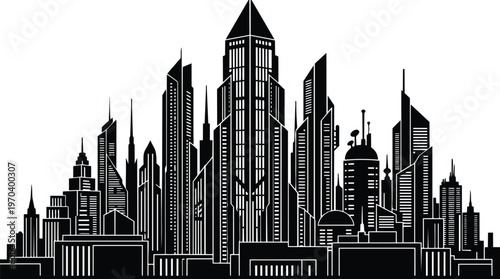 Black and white vector skyline with futuristic skyscrapers and spires in geometric silhouette